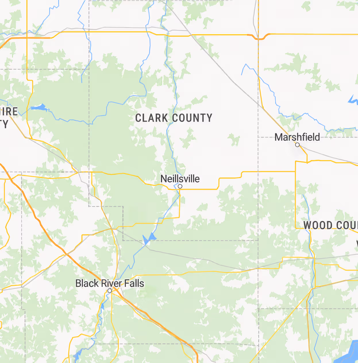 Map showing Clark County area including Neillsville, Black River Falls, and Marshfield with roads and rivers.