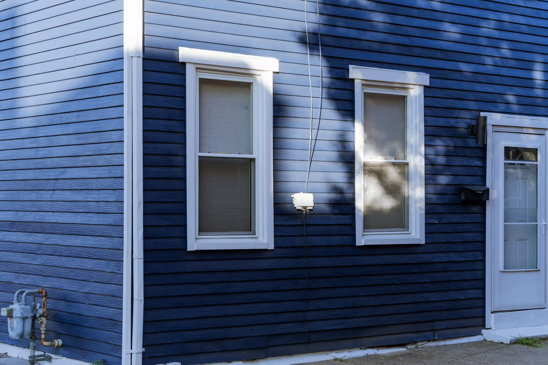 Blue house exterior with two white-trimmed windows and a white door with glass panels.